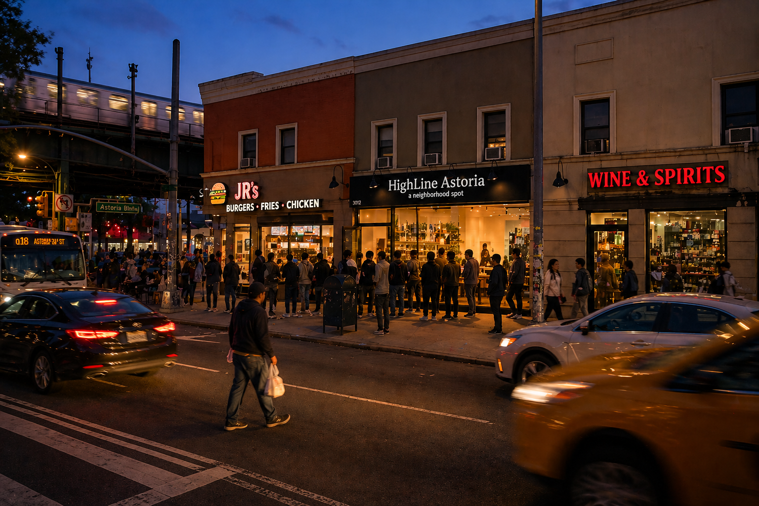 HighLine Astoria at night — illuminated signage, queue at the door, JR's burgers and Wine & Spirits flanking, Q18 bus and elevated subway in frame
