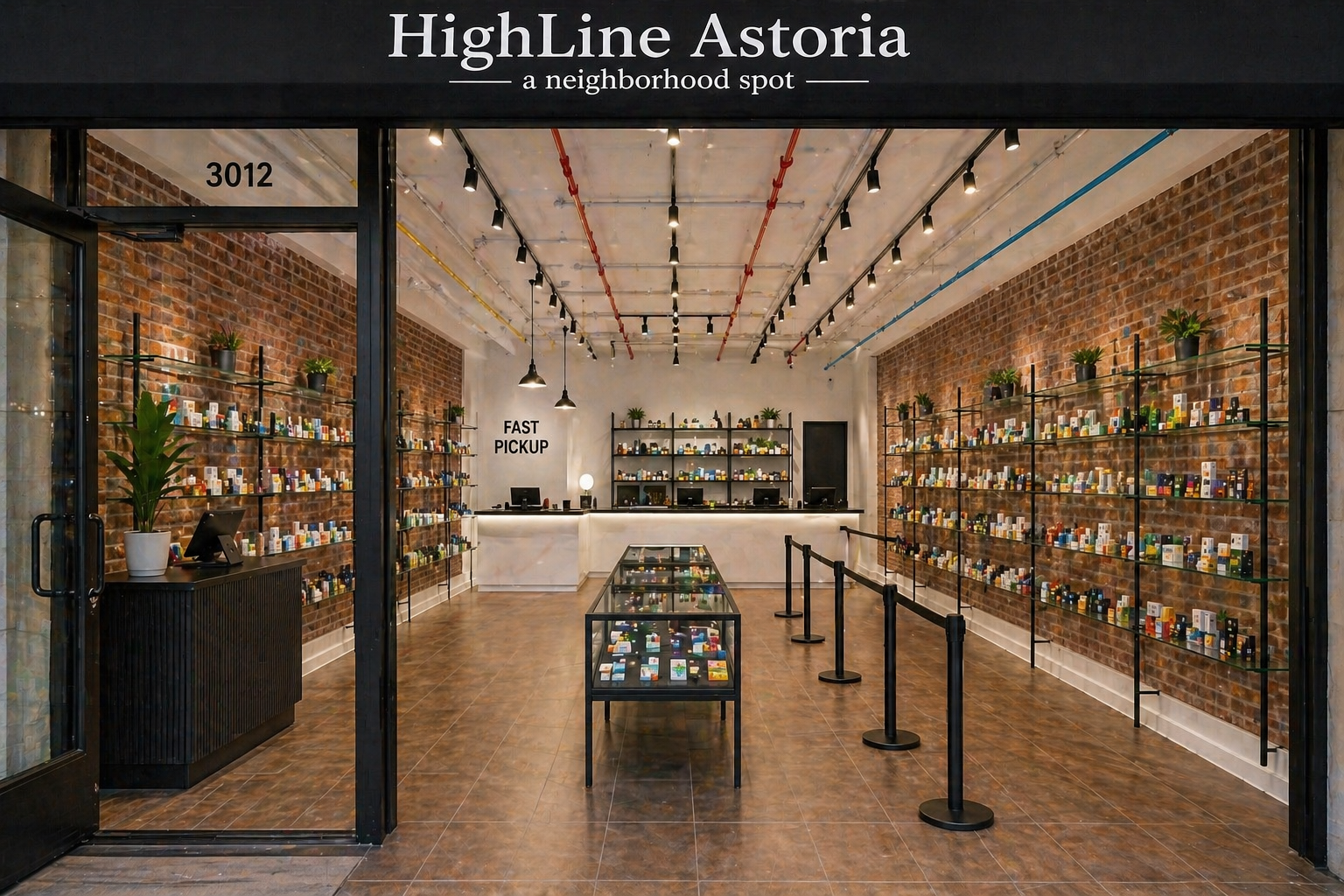 Vision of redesigned dispensary — full shelves, exposed brick, illuminated branding