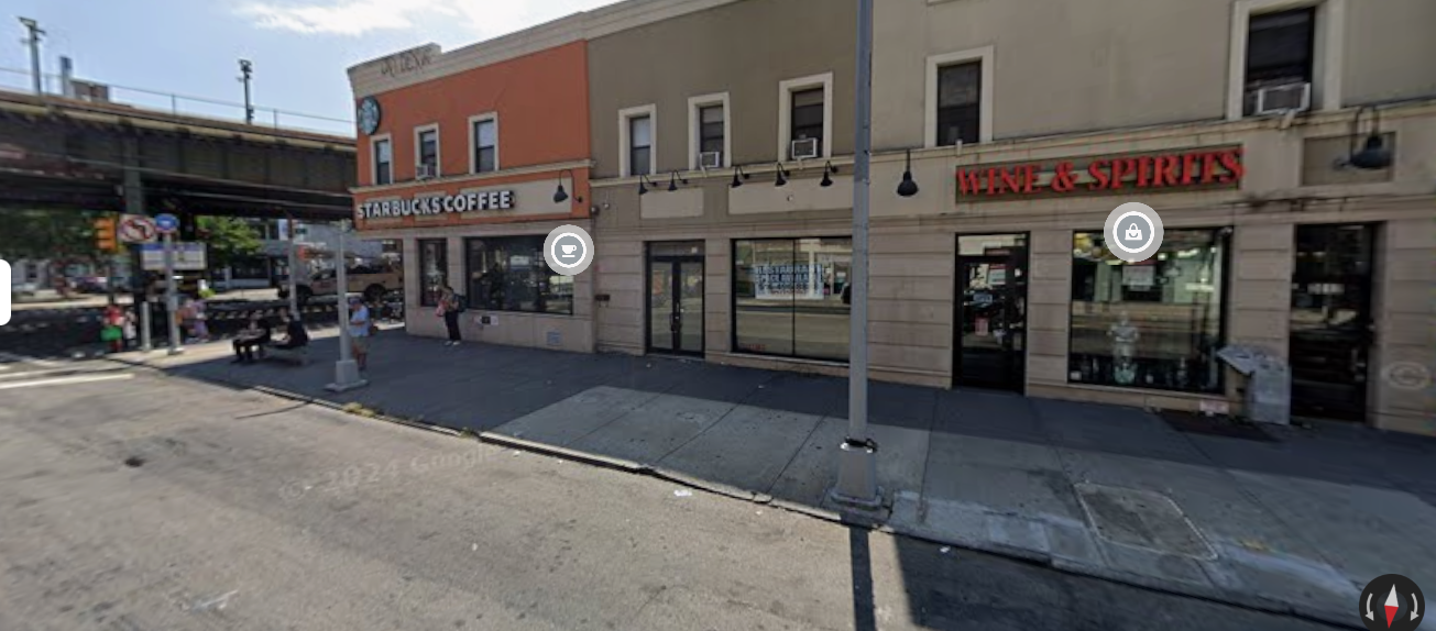 Current state of 3012 Astoria Blvd — blank dispensary storefront flanked by Wine & Spirits and a coffee shop